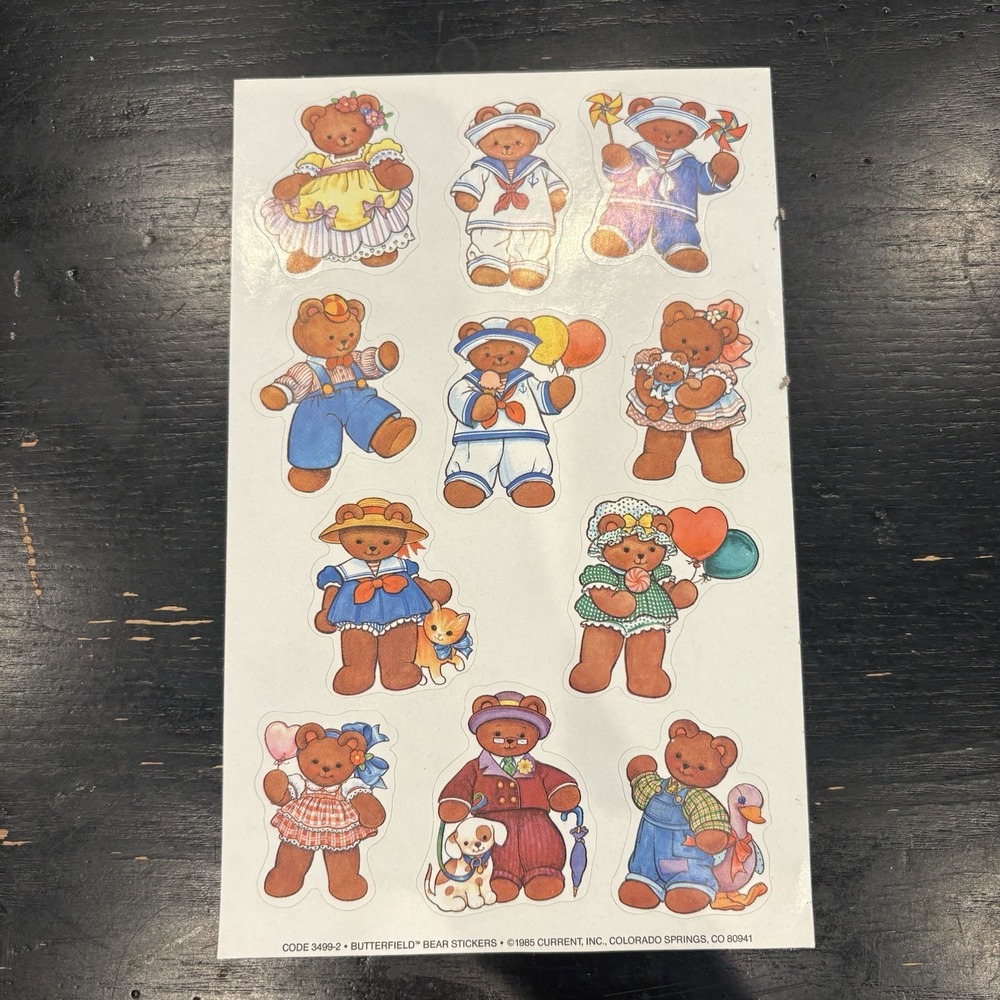 Vintage 80s BUTTERFIELD BEAR Sticker Sheet RARE 1985 Current Inc Cartoon Heart